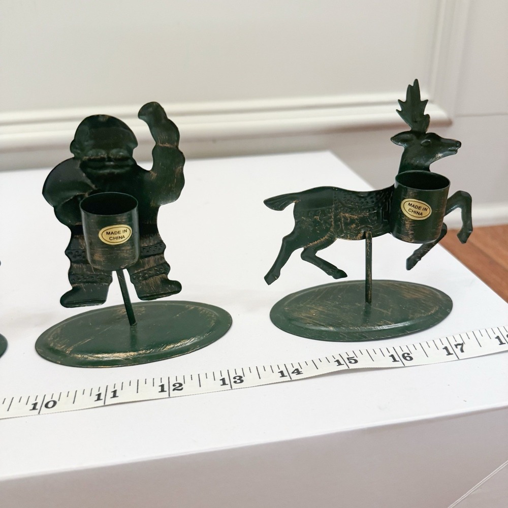 4 Vintage Green And Gold Metal Christmas Candle Stick Holders Holiday - Picture 5 of 7